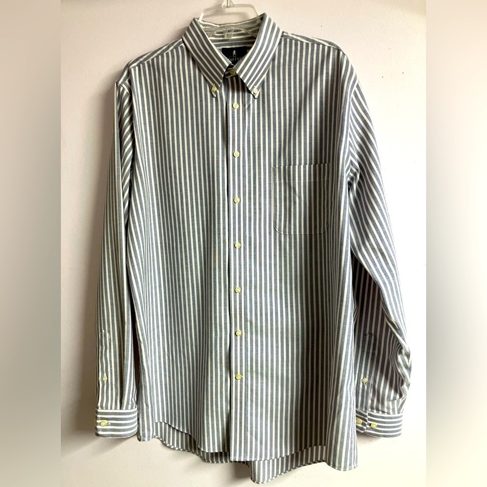 Wrinkle Free Oxford Men’s Fitted Dress Shirt, 17/ 36-37, Blue/White, Stafford